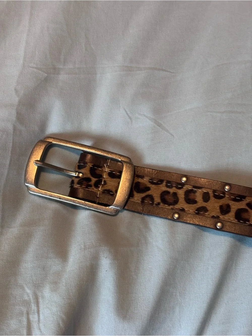 Genuine Leather Leopard Print Studded Belt Brown Western Style 38”